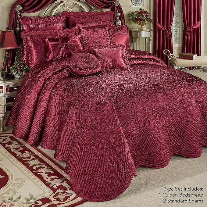 Touch of Class Portia Luxury Bedding | Rich Ruby Red | Premier Quilted Polyester Satin | Romantic Hand Guided Machine Quilted Scroll Design 3 Piece Set with Queen Bedspread and 2 Standard Shams
