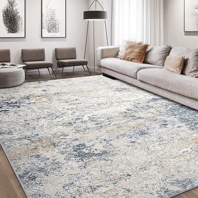 Area Rug Living Room Rugs - 7x9 Large Soft Indoor Neutral Modern Abstract Low Pile Washable Rug Carpet for Bedroom Dining Room Farmhouse Home Office - Beige Blue