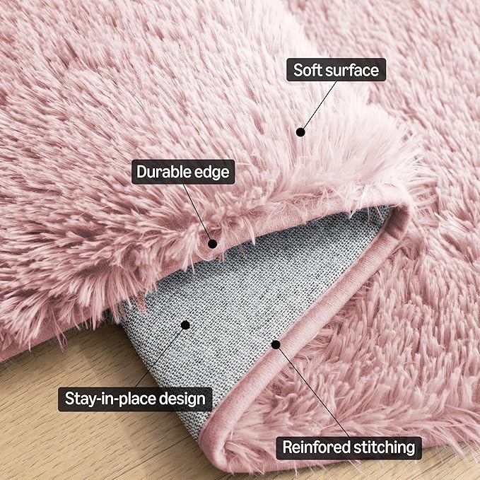 Amazon Basics Fluffy Washable Round Area Rug, Circle Shaggy Carpet for Living Room, Bedroom, Nursery, 6'R, Pink