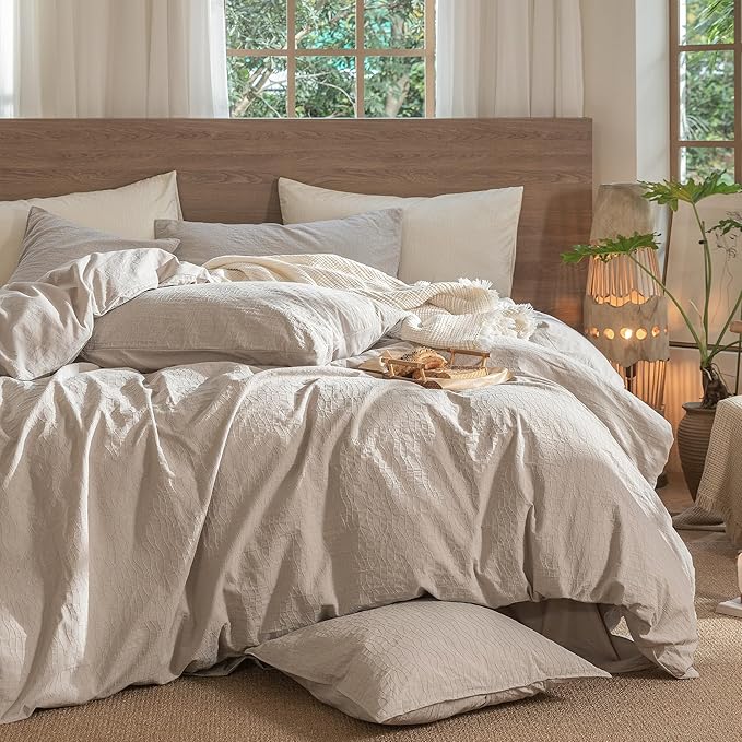 MooMee Wavy Striped Duvet Cover Set 100% Washed Cotton Linen Like Textured Breathable Durable Soft Comfy (Beige, Super King Plus 120"x120")