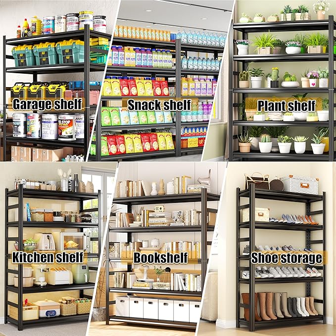 Storage Shelves, Garage Metal Shelving Unit, Adjustable, Double-Layer Column with Reinforced Ribs, Heavy-Duty, Capable of Bearing 600-3600 lbs (Black, 71 * 45 * 18, 5-Tier)