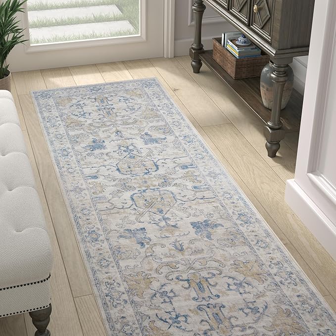 jinchan Runner Rug 2x6 Machine Washable Hallway - Vintage Floral Non-Slip Low-Pile Soft Ultra-Thin Kitchen Rug Distressed Carpet Runner for Farmhouse Bedroom Entryway Laundry Room(2x6ft, Blue)