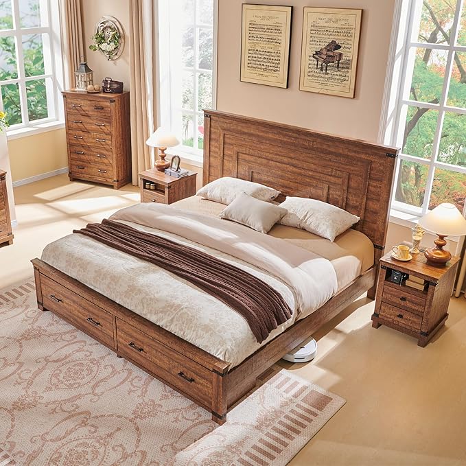 T4TREAM Farmhouse Queen Size Bed Frame with 54" Tall Geometric Headboard & 2 Large Storage Drawers, Rustic Wood Platform Bed with Wood Slats Support, No Box Spring Needed, Reclaimed Barnwood