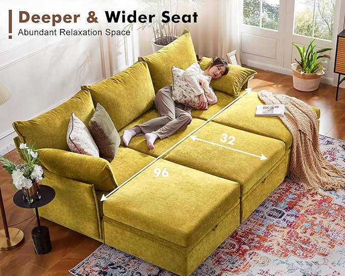 ABCASA 102.6" Modular Sectional Sofa, Oversized 3-Seater Yellow Orange Couch with Removable Chenille Fabric Cover, Deep Seat & High Backrest for Living Room, Office & Apartment