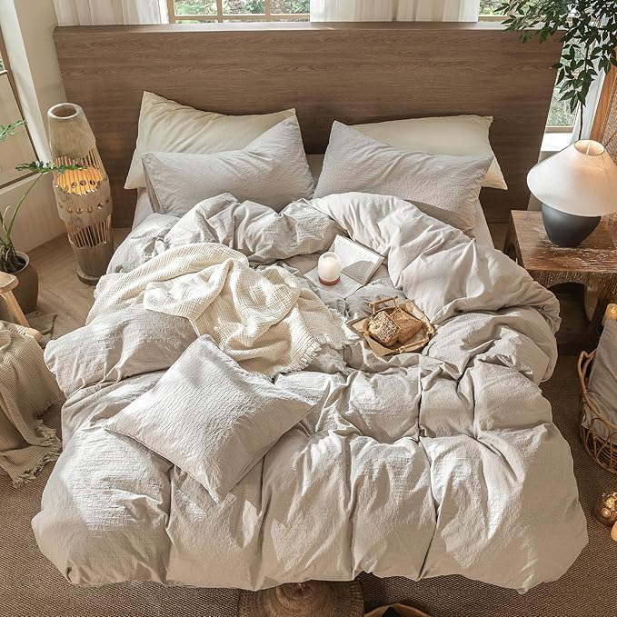 MooMee Wavy Striped Duvet Cover Set 100% Washed Cotton Linen Like Textured Breathable Durable Soft Comfy (Beige, Full 80"x90")