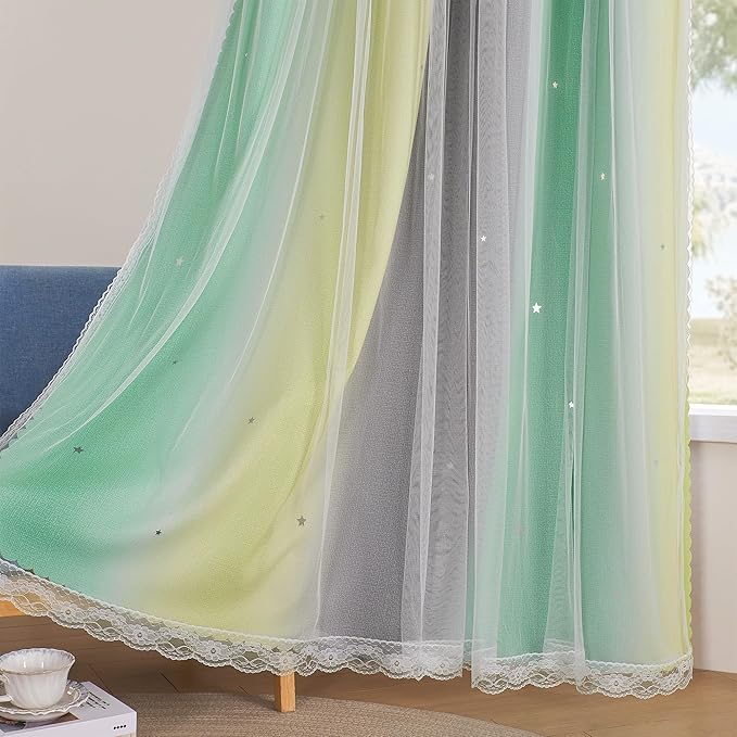 XiDi Curtains for Bedroom Decor, Rainbow GreenYellowGrey34/90/1