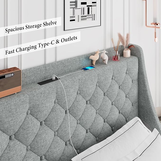 iPormis Queen Bed Frame with 4 Storage Drawers, Upholstered Platform Bed Frame with Type-C & USB Ports, Wingback Storage Headboard, Solid Wood Slats, No Box Spring Needed, Light Gray