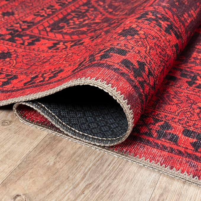 Bloom Rugs Washable Non-Slip 12 ft Runner - Red Traditional Bordered Runner for Entryway, Hallway, Bathroom, and Kitchen - Exact Size: 2.5' x 12'