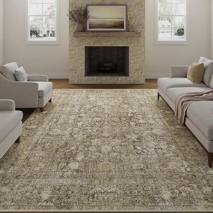 Brown Area Rug 5x7 Machine Washable Vintage Living Room Distressed Non Slip Carpet Traditional Indoor Bedroom Retro Floral Accent Throw Large Rug Office Kitchen Bathroom Dining Room
