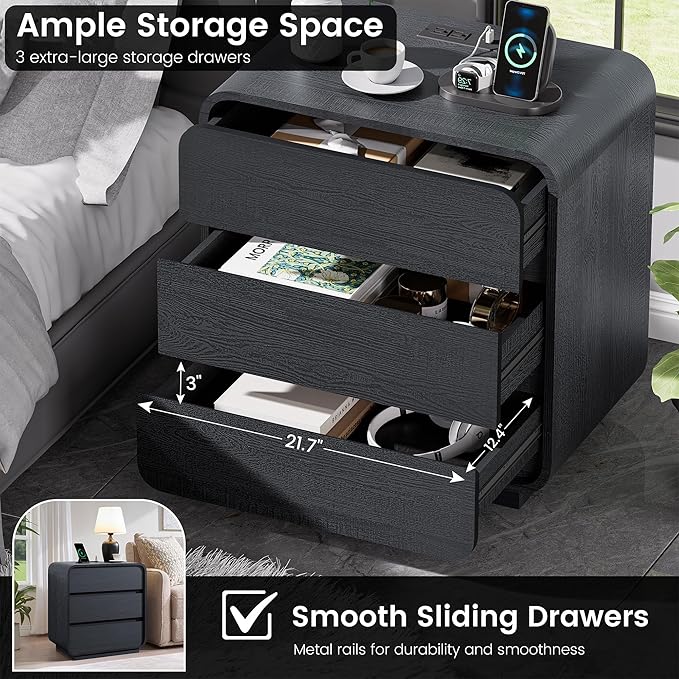 Modern Black Nightstand with Charging Station, 25" Tall Wood Bedside Table, End Table with 3 Storage Drawers, Curved Profile Night Stand for Bedroom, Dorm, Sofa, Office