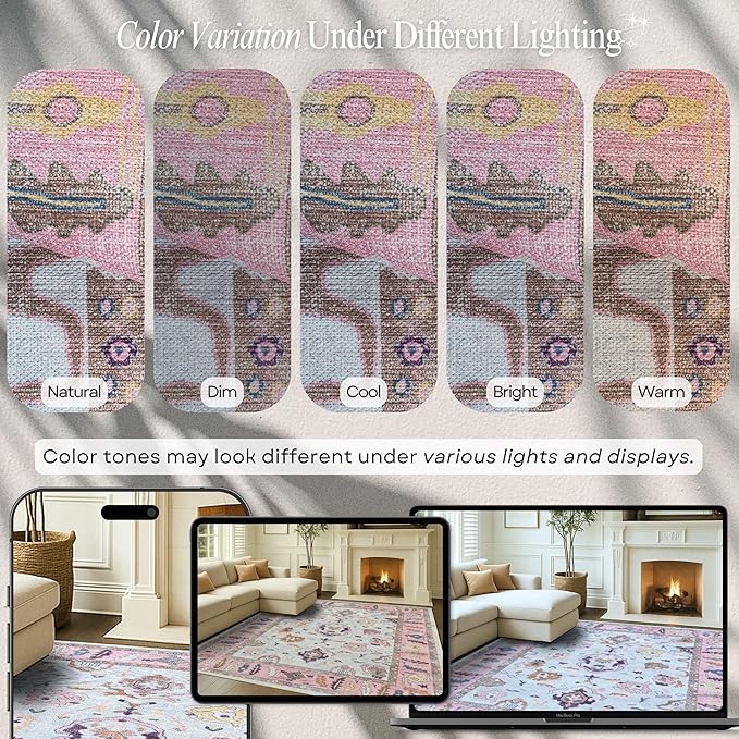 Fame Rugs Pink Beige Modern Oushak Rug 2'6"x7', Washable Vintage Turkish Colorful Oriental Antique Inspired Foldable Small Runner Rugs, Luxury Living Room Bedroom (390PP, 2'6" x 7')
