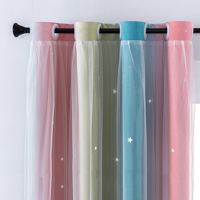 XiDi Curtains for Bedroom Decor, Rainbow Pink-Blue-52-90