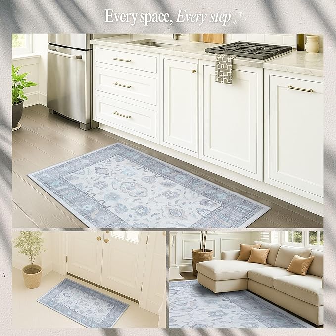 Fame Rugs Gray Modern Oushak Rug 2'6"x7', Washable Vintage Turkish Colorful Oriental Antique Inspired Foldable Small Runner Rugs, Luxury Living Room Bedroom (384GB, 2'6" x 7')