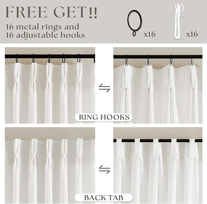 120 Inch Curtains High Ceiling Tall Curtains 2 Panels Set for Living Room Pinch Pleated with Hooks Rings Back Tab Bohemian Semi Sheer Drapes Cottage Long Large Window Drapes 120 Length Beige White