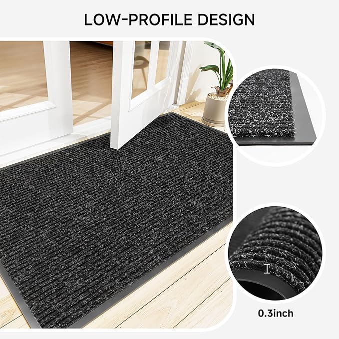 Front Door Mat, Heavy Duty Indoor Outdoor Doormat for Entryway, 48" x 24" Low Profile Outdoor Mats for Home Entrance, Stain and Fade Resistant Welcome Mat for High Traffic Area, Black
