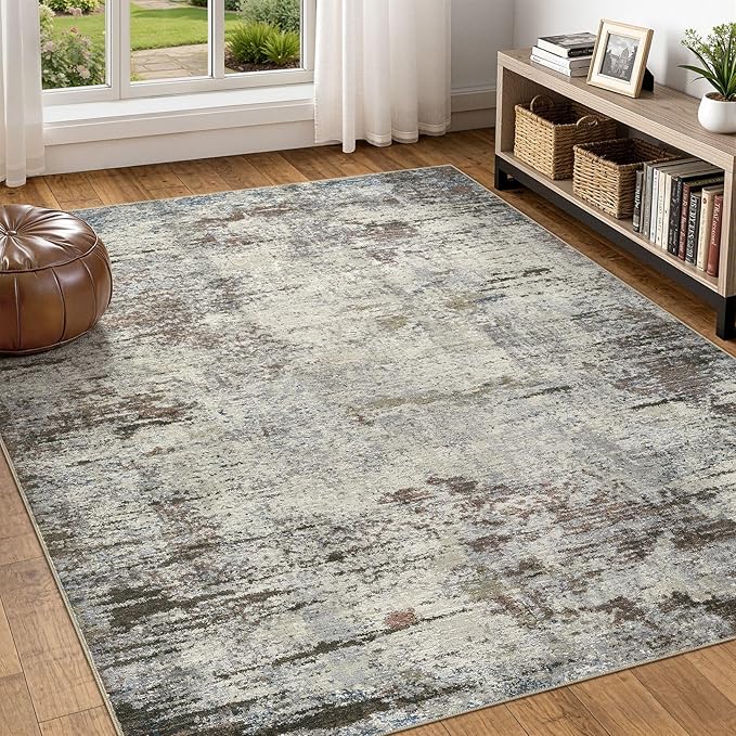Area Rug Living Room Rugs - 6x9 Washable Large Soft Indoor Neutral Modern Abstract Low Pile Rug Carpet for Bedroom Dining Room Farmhouse Home Office - Brown Rust