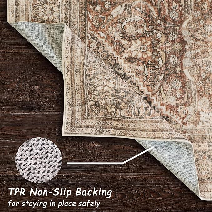 vivorug 5x7 Area Rugs - Ultra-Thin Washable Rug with Non-Slip Backing, Ideal for Living Room, Bedroom, Kitchen Floor Carpet - Vintage, Easy Clean, Durable, Brown
