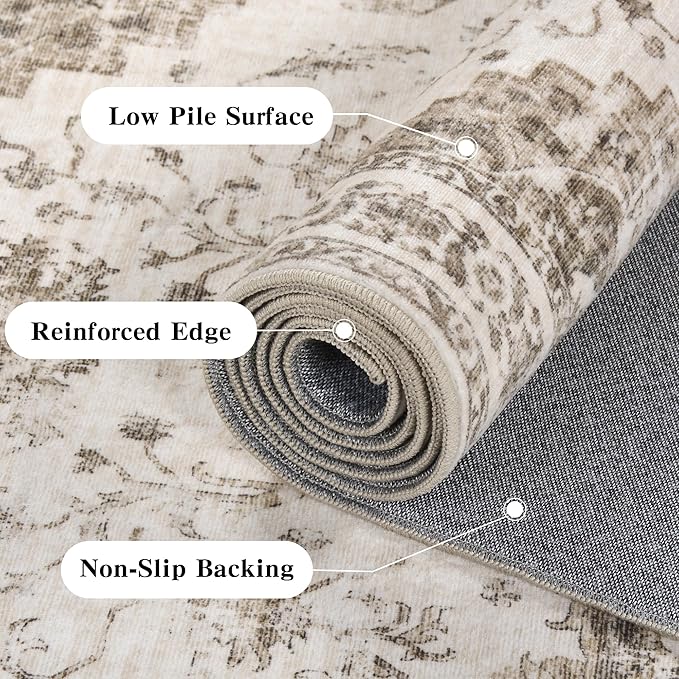 3x5 Vintage Washable Area Rugs Boho Medallion Large Distressed Retro Accent Carpet Floral Non-Slip Soft Low Pile Indoor Throw Rug for Living Room Bedroom Dining Room Office Kitchen, Taupe