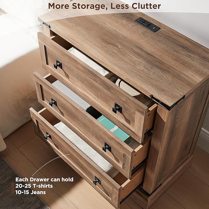 T4TREAM 32" Farmhouse Nightstand with Charging Station, Large End Table with 3 Storage Drawers, Rustic Wood Bedside Table for Bedroom, Living Room, Rustic Oak