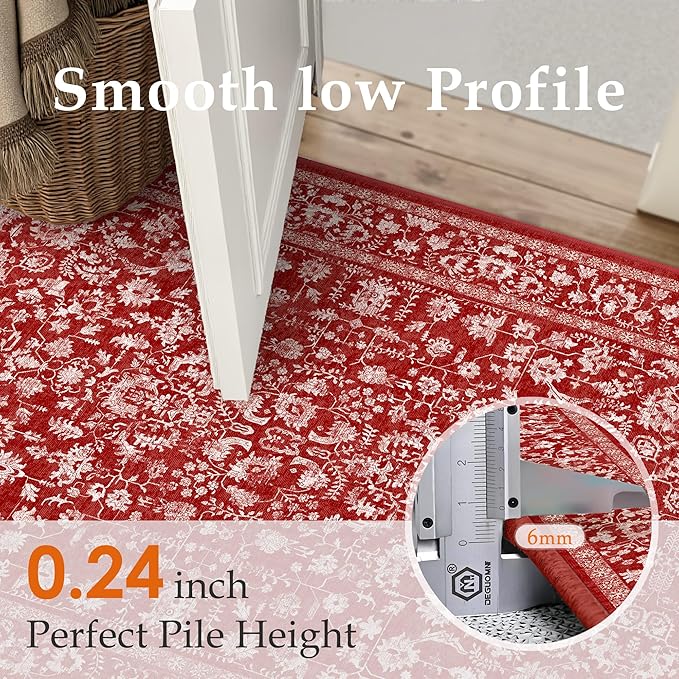 Christmas Area Rug 3x5 Red Washable Office Carpet Holiday Door Mat Vintage Low Pile Distressed Retro Floral Throw Non Slip Soft Decorative Xmas Rug for Entryway Kitchen Bedroom Bathroom