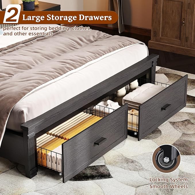 53" Tall Queen Bed Frame with Headboard and Storage, 2 Drawers and LED Built in Charging Station Bed Frame Queen Size with Farmhouse Roman Column Decoration,No Box Spring Needed (Black)