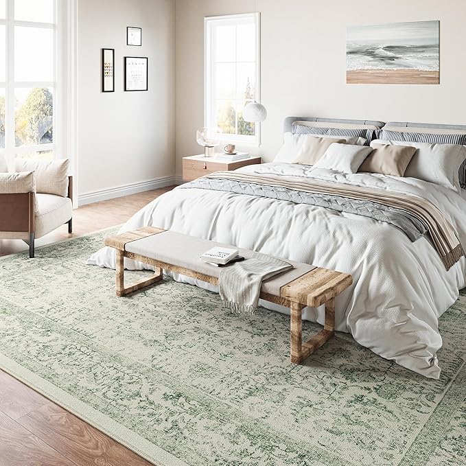 Sage Green Area Rug 9x12 Living Room Washable Carpet Vintage Distressed Non Slip Bedroom Carpet Neutral Low Pile Retro Floral Farmhouse Large Rug Home Office Dining Room Playroom