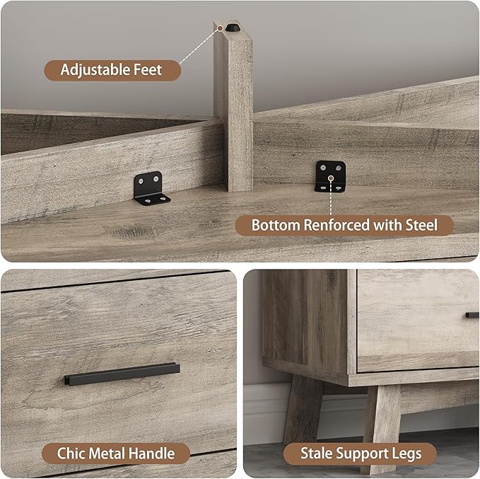 Dresser for Bedroom, 6 Drawer Wide Modern Chest of Drawers with X-Shaped Sturdy Base, Wood Double Dresser Closet Clothes Storage Organizer, Wooden TV Stand for Living Room, Hallway, Grey