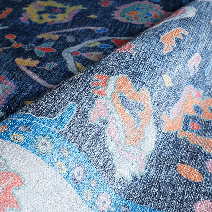 Fame Rugs Blue Modern Oushak Rug 2'6"x7', Washable Vintage Turkish Colorful Oriental Antique Inspired Foldable Small Runner Rugs, Luxury Living Room Bedroom (387BNB, 2'6" x 7')