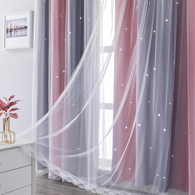 XiDi Dream Star Blackout Curtains for Kids Rooms Girl Princess Curtain for Daughter Bedroom Window (Pink Grey, W34 X L84)