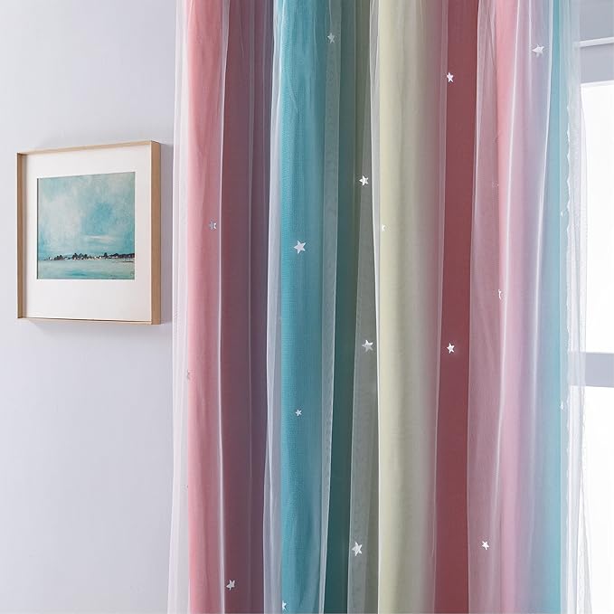 XiDi Curtains for Bedroom Decor, Rainbow Pink-Blue-34-54
