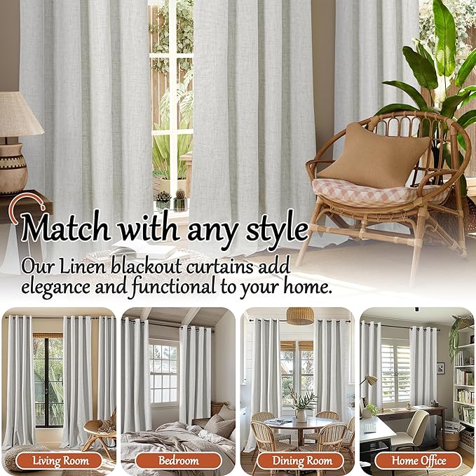100% Blackout Curtains for Living Room 90 Inch Length 2 Panels Set, Thermal Insulated Light Blocking Boho Faux Linen Window Curtains for Bedroom, Bronze Grommet, Each 52" Wide, Light Grey
