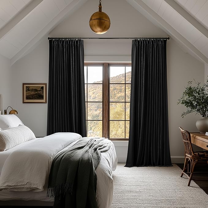 Pinch Pleated Blackout Curtains 102 Inches Long for Bedroom 100% Black Out Thick Linen Dual Layer Pinch Pleat Drapes with Back Tab Farmhouse Modern Black 102 Inch Curtain for Dining Living Room