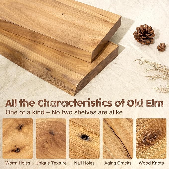 fuqing Floating Shelves for Wall, 30 inch Rustic Solid Elm Wood Floating Shelves, Wooden Wall Shelves with Invisible Heavy Duty Brackets for Living Room, Bedroom, Kitchen, Bathroom, 2 Pack, Natural