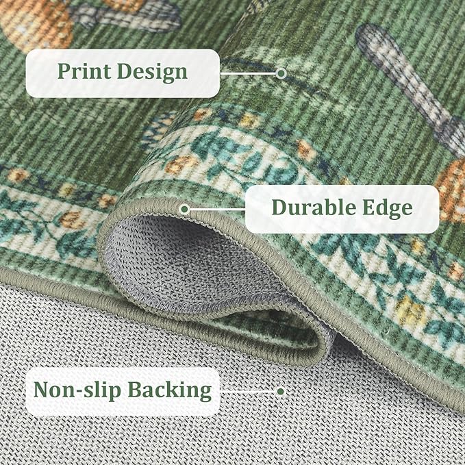 Mushroom Insect 5ft Round Rug Washable Non-Slip Soft Ultra-Thin Small Boho Circle Carpet for Entryway Kitchen Bedroom Nursery Dining Room Green
