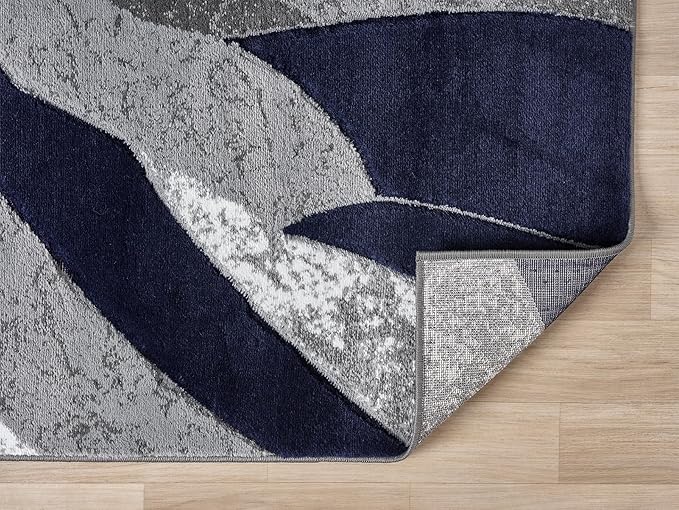Modern Abstract Area Rug Hand Carved Contemporary Geometric Swirls Vibrant Colors Carpet for Living Room Bedroom Design PR1002 (Navy, 5' x 7')