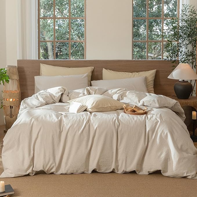 MooMee Striped Duvet Cover Set 100% Washed Cotton Linen Like Textured Breathable Durable Soft Comfy (Tannish Linen Grey White Pinstripes, King 104"x90")