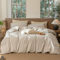 MooMee Striped Duvet Cover Set 100% Washed Cotton Linen Like Textured Breathable Durable Soft Comfy (Tannish Linen Grey White Pinstripes, Oversized Full 82"x86")