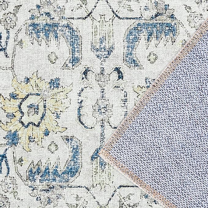 jinchan Kalen Runner Rug 2x10 Washable Hallway Rug Vintage Indoor Thin Retro Floor Cover Floral Country Lightweight Non Slip Carpet for Entryway Bathroom Kitchen Bedroom Living Room Stairway Blue
