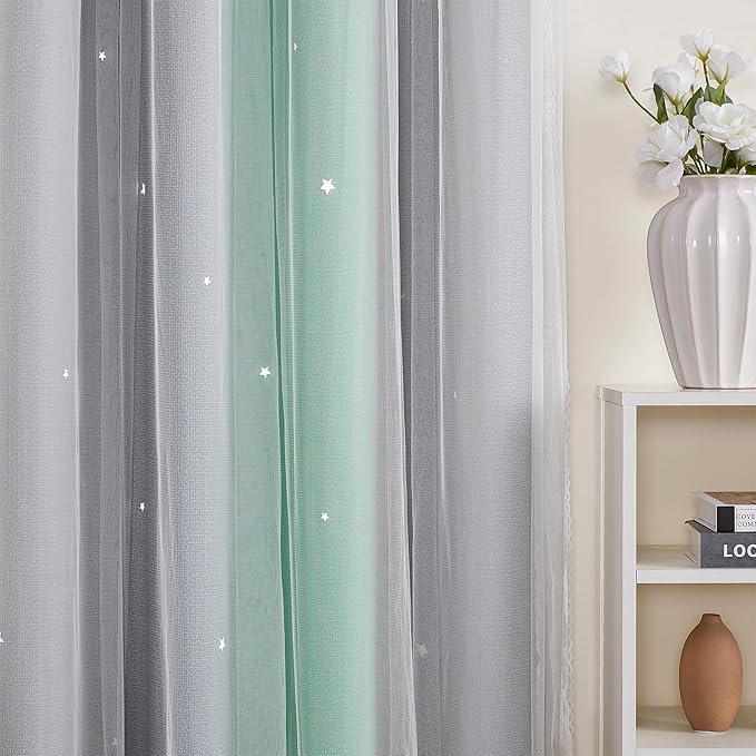 XiDi Curtains for Bedroom Decor, Rainbow Green LightgreyGrey52/54/1