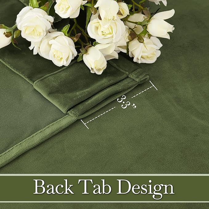 RYB HOME Olive Green Velvet Curtains 90 inches Long - Room Darkening Luxury Window Treatment Privacy Thermal Insulated Backdrops for Living Room, 52 inch x 90 inches, 2 Panels Set