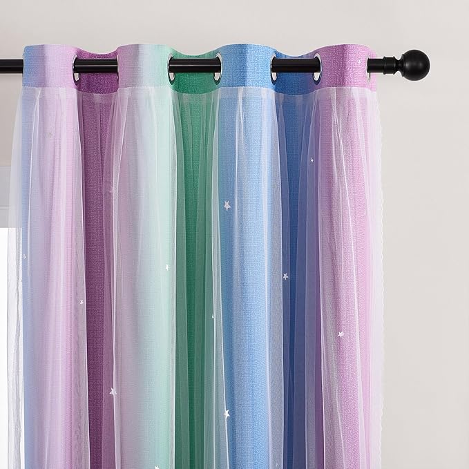 XiDi Curtains for Bedroom Decor, Rainbow Green PurpleBlue52/90/1