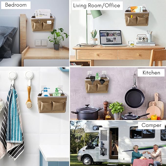 Kanrichu 3pcs Middle Wall Hanging Organizer Bag, Linen Fabric Door Hanging Storage Basket with Pockets, Waterproof Bin for Kitchen, Bedroom, Office, RV Camper (Khaki)