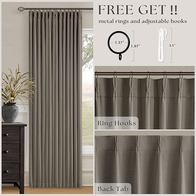 Desert Taupe Pinch Pleated Blackout Curtains 108 Inches Long for Bedroom 100% Black Out Thick Linen Dual Layer Pleated Drapes Farmhouse Country Brownish Gray 108 Inch Curtain for Dining Living Room