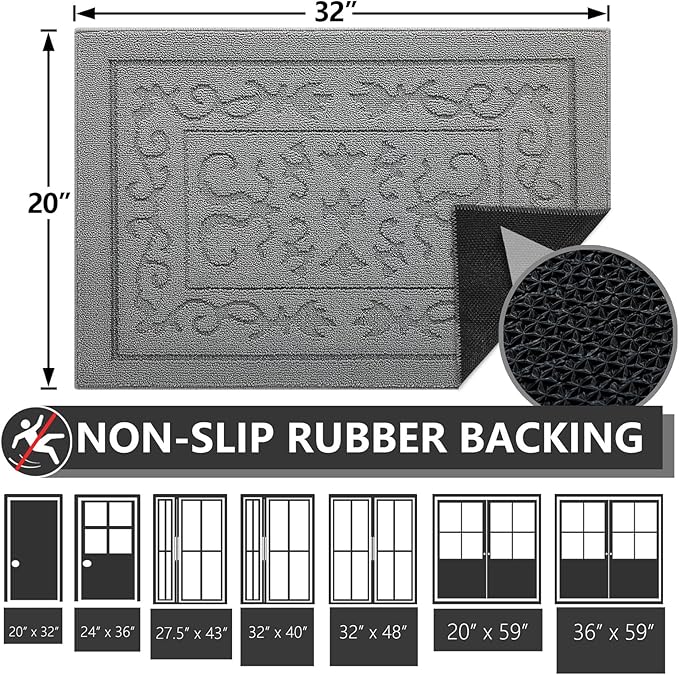 FONEYI Indoor Door Mat, Front Back Door Mat 20"x32" Non-Slip Rubber Backing Door Rug, Machine Washable Entry Rug, Low Profile Absorbent Dirt Trapper Doormat Inside Floor Mats for Entryway, Light Grey