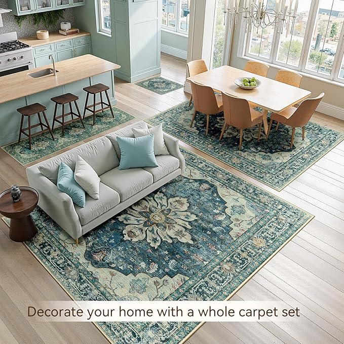 Area Rugs 2'x6' Washable Non-Slip, Floral Vintage Distress Print Pattern Medallion Carpet for Living Room Bedroom Dining Room, Dark Blue Vintage
