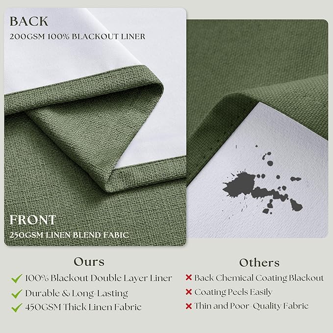 Pleated Blackout Olive Green Curtains 96 Inches Long 2 Panels Set for Bedroom Living Room Darkening Linen Blend Back Tab Pinch Pleat Memory Shape with Liner Soundproof 96 Inch Window Curtains