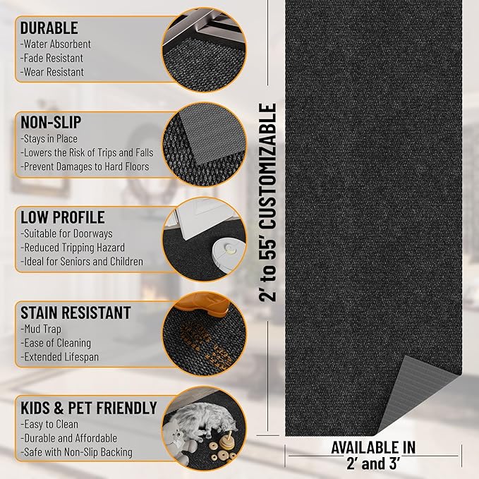 Ottomanson Commercial Scrape Rib Entry Mat – Heavy Duty Ribbed Floor Mat for High Traffic – Non Slip Rubber Back, Waterproof – Indoor Outdoor Use for Offices, Schools, Lobbies, 2' x 5', Black