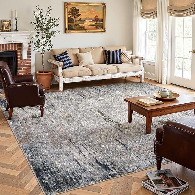 Area Rug Living Room Rugs - 9x12 Washable Large Soft Indoor Neutral Modern Abstract Low Pile Rug Carpet for Bedroom Dining Room Farmhouse Home Office - Blue/Grey/Brown