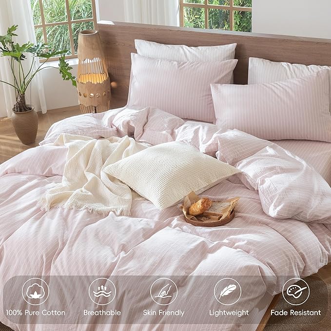 MooMee Striped Duvet Cover Set 100% Washed Cotton Linen Like Textured Breathable Durable Soft Comfy (Heathered Greyish Pink White Wide Stripes, Palatial King/Oversized King 120"x98")
