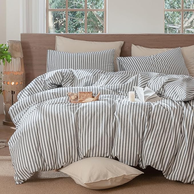 MooMee Striped Duvet Cover Set 100% Washed Cotton Linen Like Textured Breathable Durable Soft Comfy (Dark Grey White Classic Stripes, Cal King 104"x98")